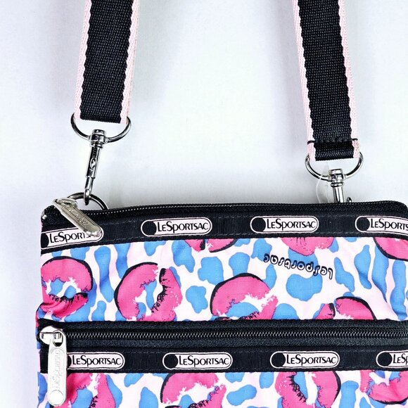 LeSportSac Pink Lip Smacker & Blue Cheetah 3 Tier Zippered Crossbody Handbag - Picture 3 of 9